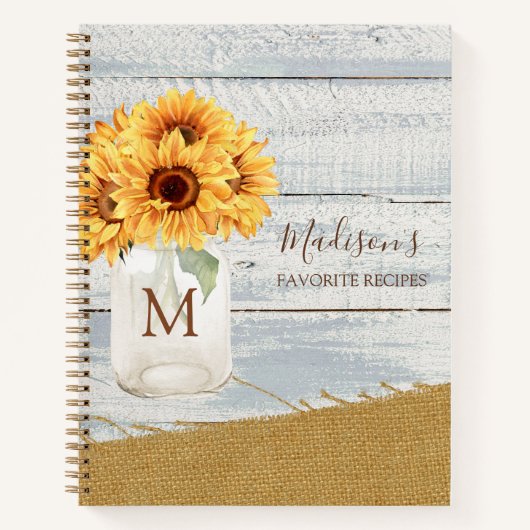 水色ひまわりメイソン瓶みすぼらしい木材レシピ ノートブック (正面)