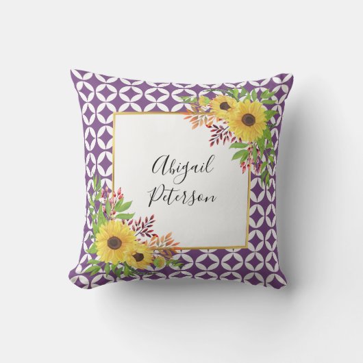 水色ひまわり及び紫色の幾何学模様 クッション (正面)