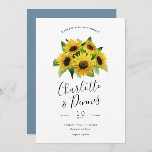 水色ひまわり及び赤面ブルー結婚ズ 招待状 (正面/裏面)