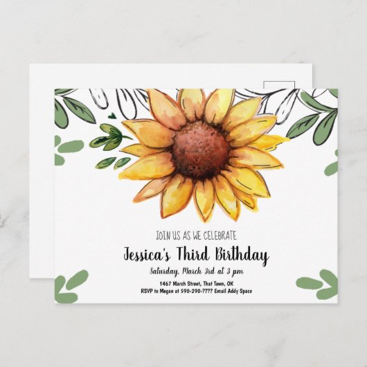 水色ひまわり子供の誕生日パーティーへの招待 インビテーションポストカード (正面/裏面)