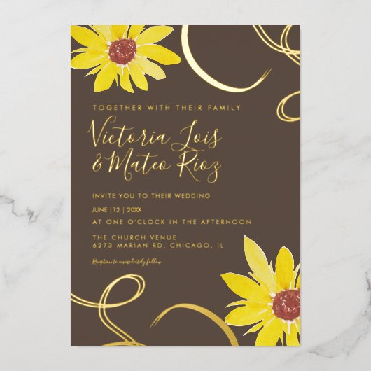 水色ひまわり渦巻結婚く押されたホイル 箔招待状 (正面)