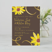 水色ひまわり渦巻結婚く押されたホイル 箔招待状 (立ち正面)