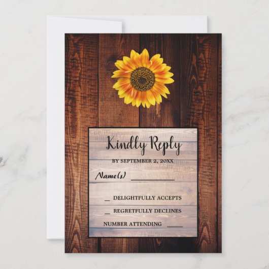 水色ひまわり素朴な木製ウェディングRSVP 招待状 (正面)