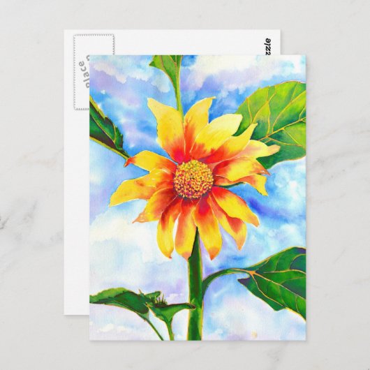 水色ひまわり絵を描の黄色いオレンジフローラ ポストカード (正面/裏面)