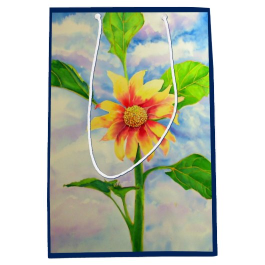 水色ひまわり絵を描の黄色いオレンジフローラ ミディアムペーパーバッグ (正面)
