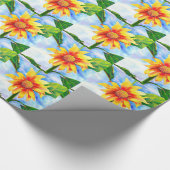 水色ひまわり絵を描の黄色いオレンジフローラ ラッピングペーパー (角)