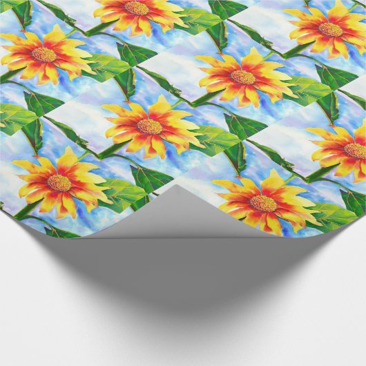 水色ひまわり絵を描の黄色いオレンジフローラ ラッピングペーパー (角)