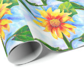 水色ひまわり絵を描の黄色いオレンジフローラ ラッピングペーパー (ロールコーナー)