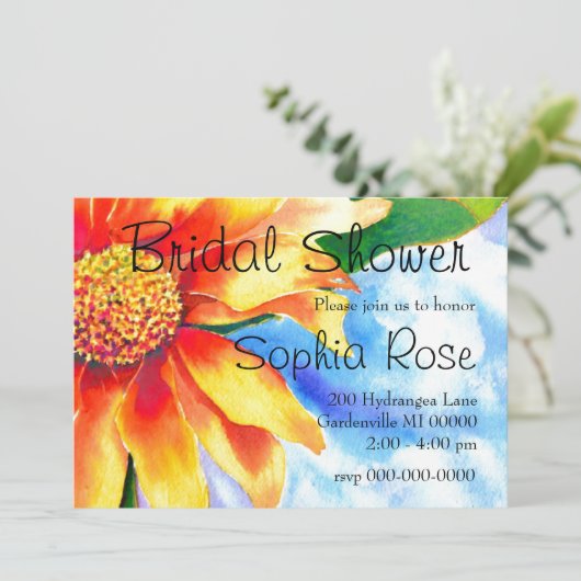 水色ひまわり絵を描の黄色いオレンジフローラ 招待状 (スタンド正面)