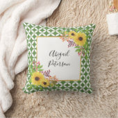 水色ひまわり花と緑の幾何学的パターン クッション (ブランケット)