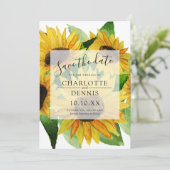 水色ひまわり花と赤面ブルーの日付を保存 招待状 (スタンド正面)