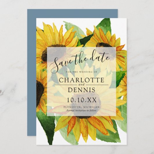 水色ひまわり花と赤面ブルーの日付を保存 招待状 (正面/裏面)