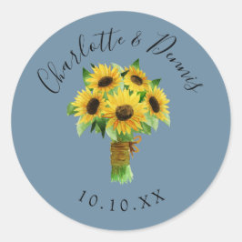 水色ひまわり花束と結婚青 ラウンドシール