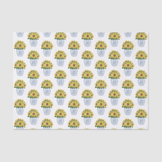 水色ひまわり青と白の中国花瓶 薄葉紙 (正面)