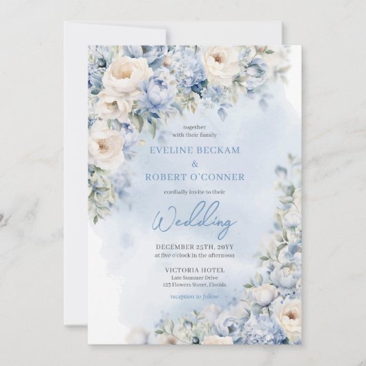 水色ほこりっぽい青と白い牡丹結婚の 招待状 (正面)