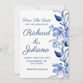 水色ほこりっぽい青フローラネイビー結婚ブルー 招待状 (正面)