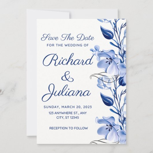 水色ほこりっぽい青フローラネイビー結婚ブルー 招待状 (正面)