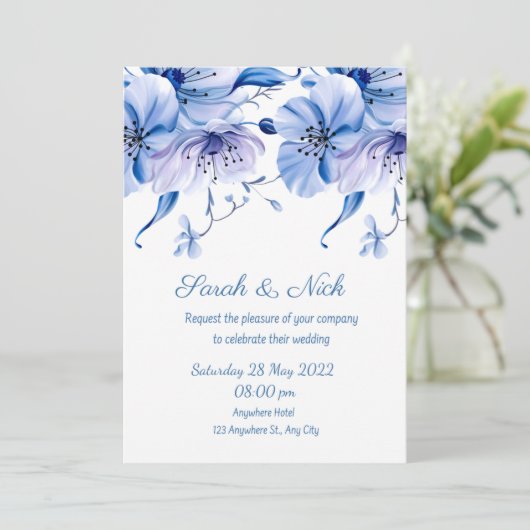 水色ほこりっぽい青フローラネイビー結婚ブルーi 招待状 (スタンド正面)