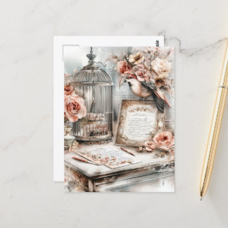 水色みすぼらしいシックな鳥かご鳥とバラ ポストカード