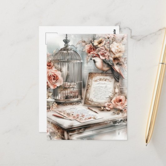 水色みすぼらしいシックな鳥かご鳥とバラ ポストカード (正面/裏面インサイチュ)
