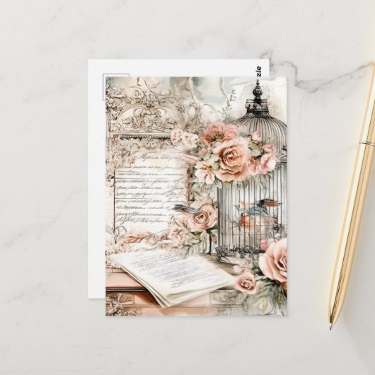 水色みすぼらしいシックな鳥かご ポストカード (正面/裏面インサイチュ)