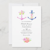 水色を航海のテーマにしたフローラQRコー結婚ド 招待状 (正面)