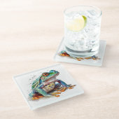 水色を見上げるかわいい緑のカエル ガラスコースター (アングル)