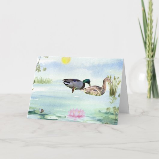 水色アヒルとハスと蝶 サンキューカード (正面)