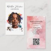 水色アフロアメリカン編み編みQRコード 名刺 (正面/裏面)