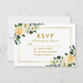 水色イエロー金ゴールドホワイトフローラ結婚式RSVP 出欠カード