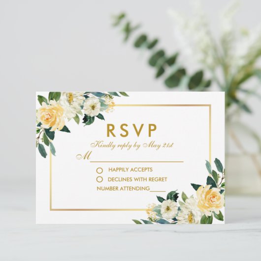 水色イエロー金ゴールドホワイトフローラ結婚式RSVP 出欠カード (スタンド正面)