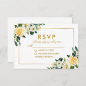 水色イエロー金ゴールドホワイトフローラ結婚式RSVP 出欠カード (正面/裏面)