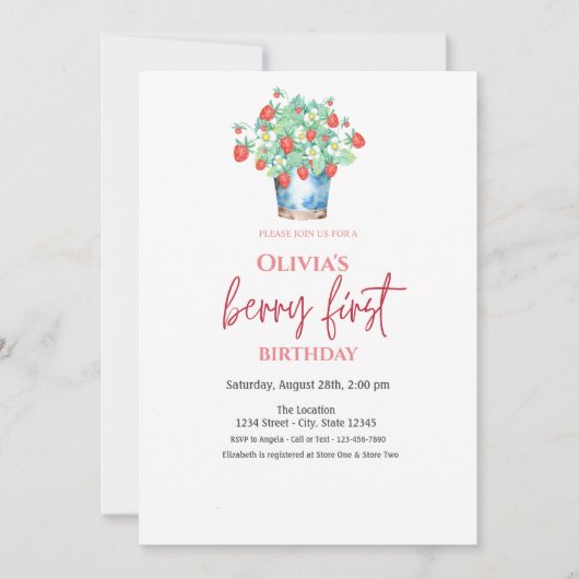 水色イチゴのバスケットの格子模様1st誕生日 招待状 (正面)