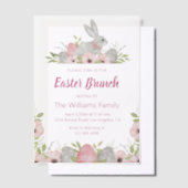 水色イースターバニーピンクのフローラブランチ ベラム紙招待状 (オフセット)