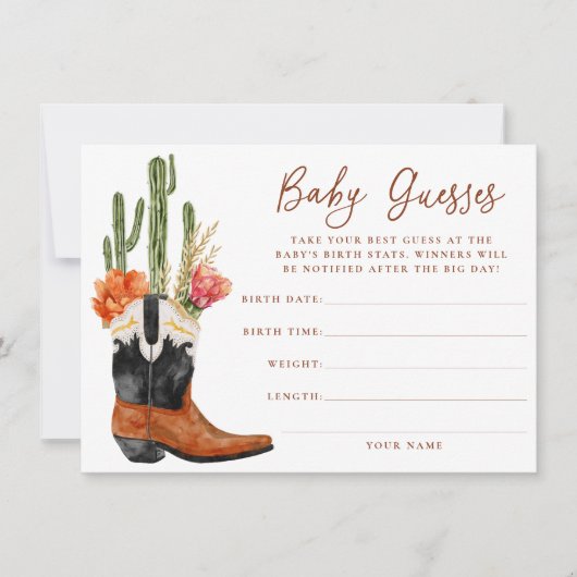 水色ウエスタンブーツベビー推測用ゲームカード 招待状 (正面)