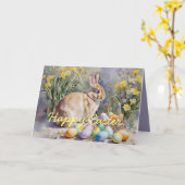水色ウサギと卵イースターグリーティングカード カード (黄色い花)