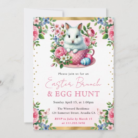 水色ウサギ春の花イースターブランチ 招待状 (正面)