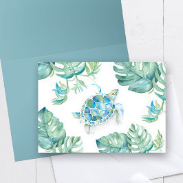 水色ウミガメとモンステラパーム葉 サンキューカード