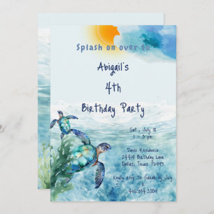 水色ウミガメ子供の誕生日パーティー 招待状
