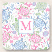 水色ウミガメ沿岸海モノグラム コースター (正面)