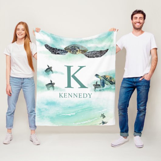 水色ウミガメ海モノグラム名 フリースブランケット (インサイチュ)