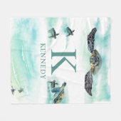 水色ウミガメ海モノグラム名 フリースブランケット (正面(横))