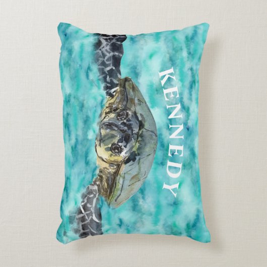 水色ウミガメ海泳パーソナライズされたぐ アクセントクッション (正面(垂直))