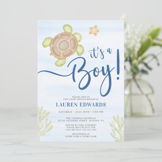 水色ウミガメ男の子の赤ちゃんシャワー 招待状 (スタンド正面)