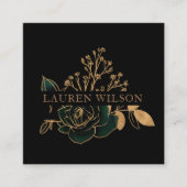 水色エメラルド金ゴールドエレガントフローラ スクエア名刺 (正面)