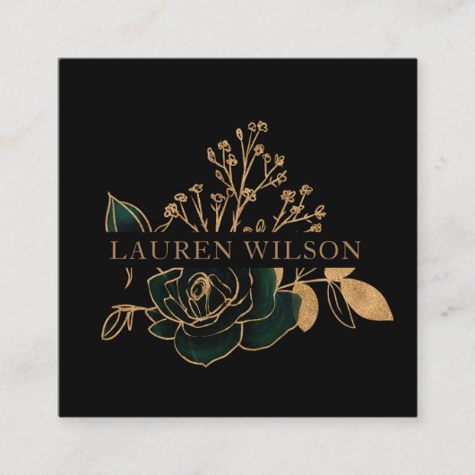水色エメラルド金ゴールドエレガントフローラ スクエア名刺 (正面)