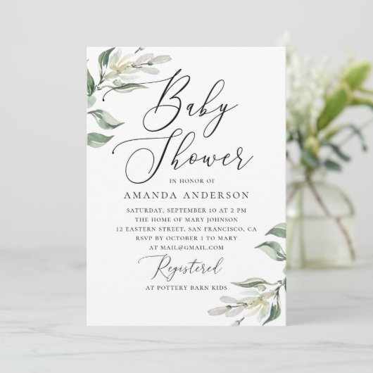 水色エレガントのイタリアンフローラ赤ちゃんシャワー 招待状 (スタンド正面)