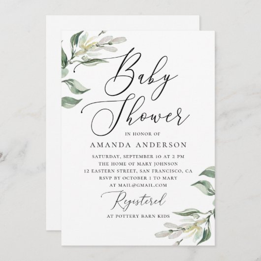 水色エレガントのイタリアンフローラ赤ちゃんシャワー 招待状 (正面/裏面)