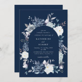 水色エレガントの埃の多い青色結婚フローラ 招待状 (正面/裏面)