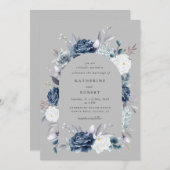 水色エレガントの埃の多い青色結婚フローラ 招待状 (正面/裏面)